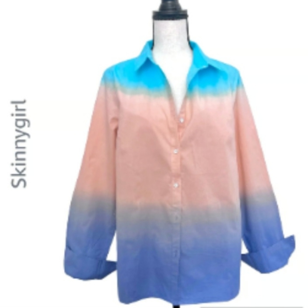 Skinnygirl Carlee Ombre Poplin button down shirt, Aqua Sky